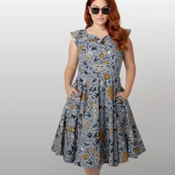 Dusty Blue Halloween Print Judy Swing Dress - Picture 2 of 9